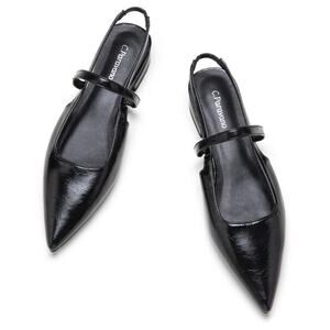 C. Paravano Freya Pointed Toe Slingback Flat Ankle Strap Patent Black 41 US 10.5